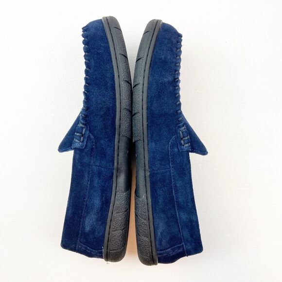 Lands End Slippers Men's 10 Blue Suede Slip On Moccasins Flannel Lined - Picture 3 of 8